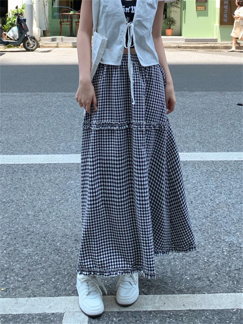 

Alien Kitty M-L Women Maxi Plaid Skirts Summer Chic New High Waist Loose 2023 Casual Vintage New Office Lady Ruffles Slim