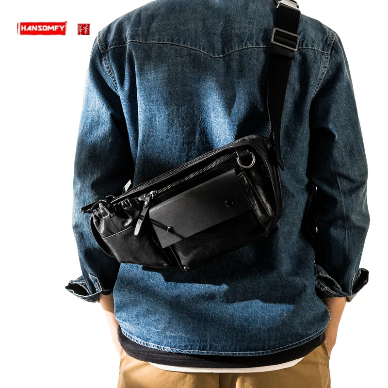 

Genuine Leather Fashion Brand Small Chest Bag Men's First Layer Leather Phone Bag Messenger Bag Trendy Backpack Crossbody Bags