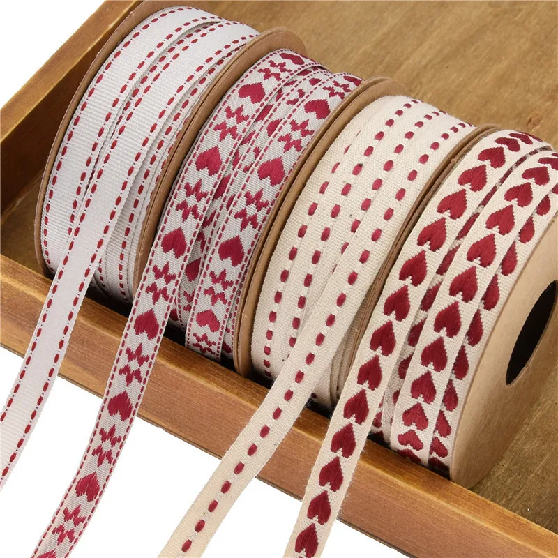 Cotton Polyester Ribbons 1cm width 9M Long Heart and Line Pattern DIY For valentine
