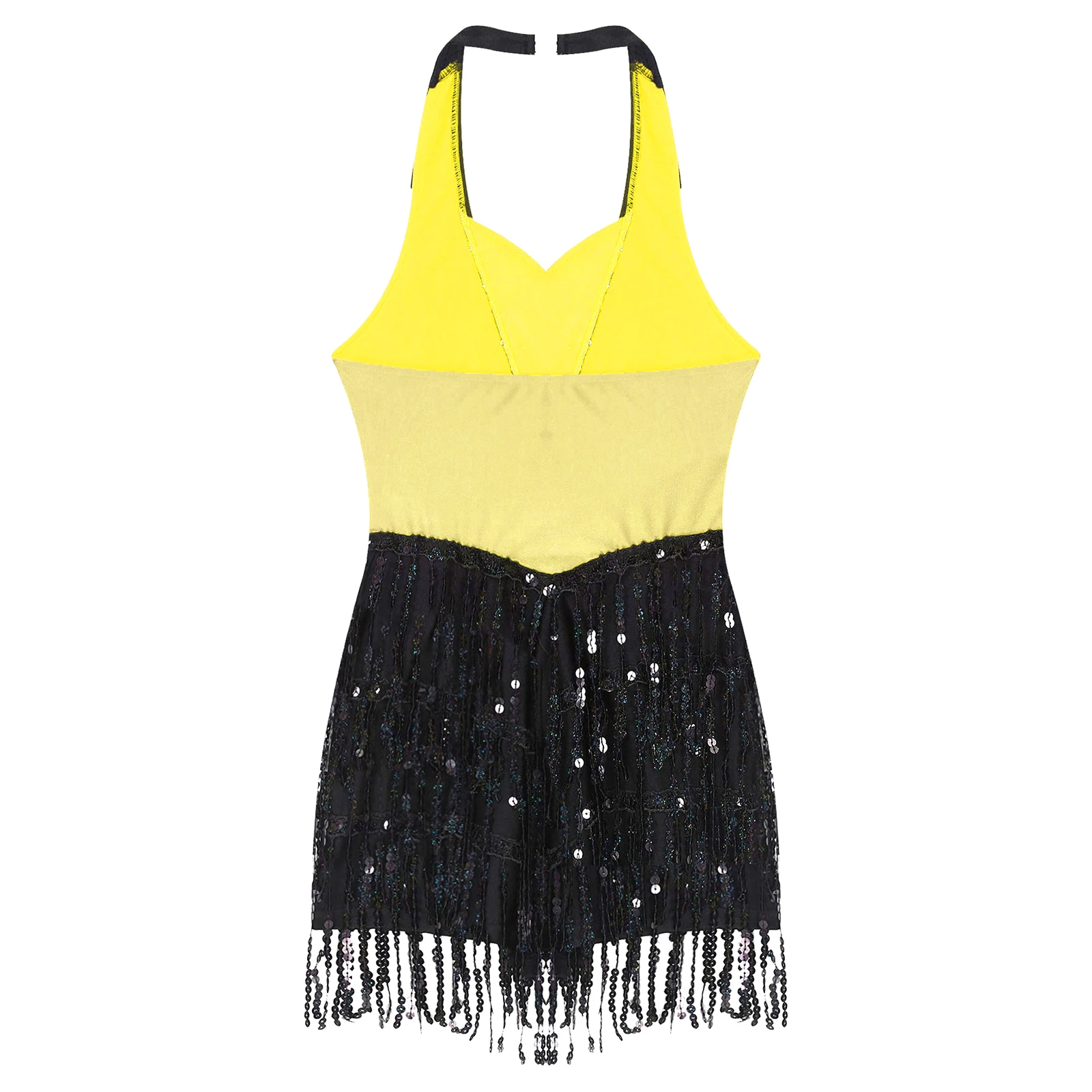 Frauen Jazz Latin Dance Cha-cha Tango Samba Rumba Leistung Kostüm Ärmellose Neckholder Pailletten Quaste Trikot Kleid Dancewear – Detail 7