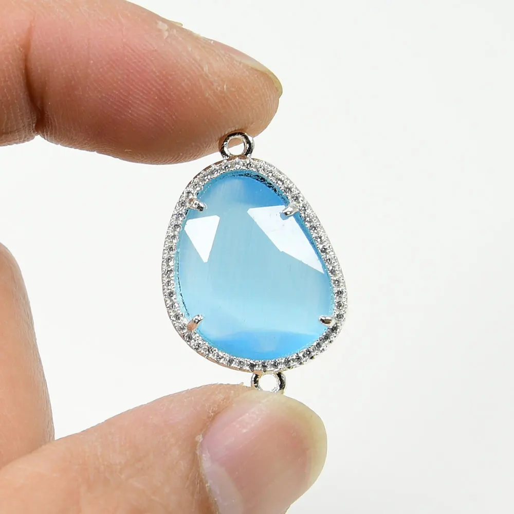 APDGG 5Pcs Blue Cat Eye Crystal CZ Paved Silver Color Connector Double Ring Jewelry Finding DIY
