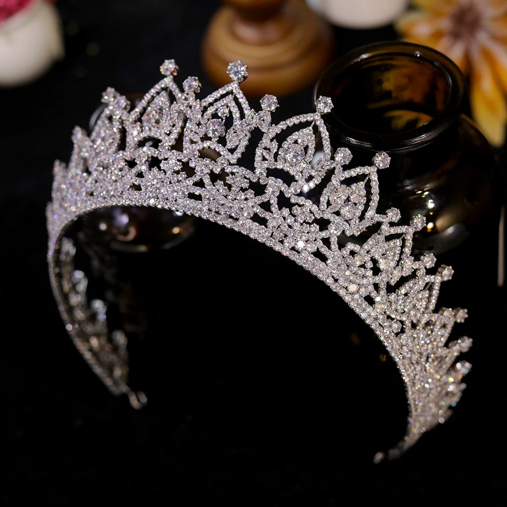 Luxury Cubic Zirconia Royal Queen Crowns European Bridal Sliver Diaras For Women Jewelry Pageant Big Diadema Wedding Headpieces