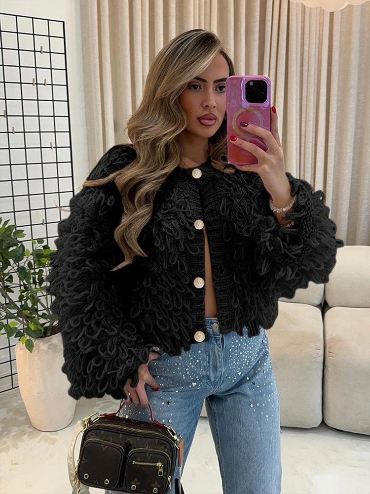 Nibber Thread Knitted Sweater Women Chic 2025 Winter Fashion o-Neck Single-Breasted Casual Warm Elegant Simple Street Outerwear