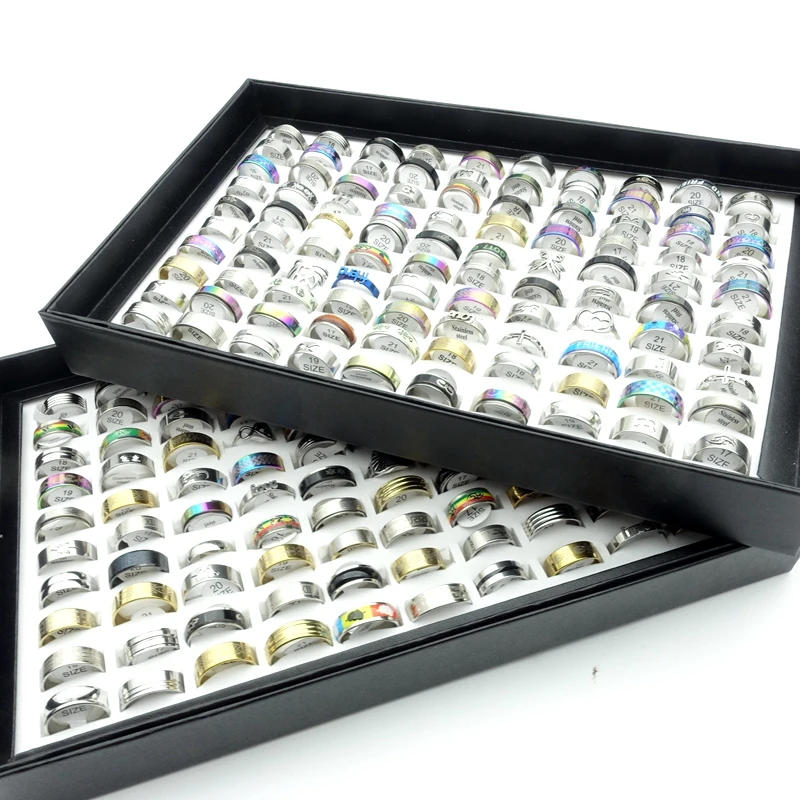 Wholesale 100pcs/Lot Fashion Stainless Steel Rings For Men Women Party Jewelry Gift Mix Styles Size 17-21mm Dropshipping
