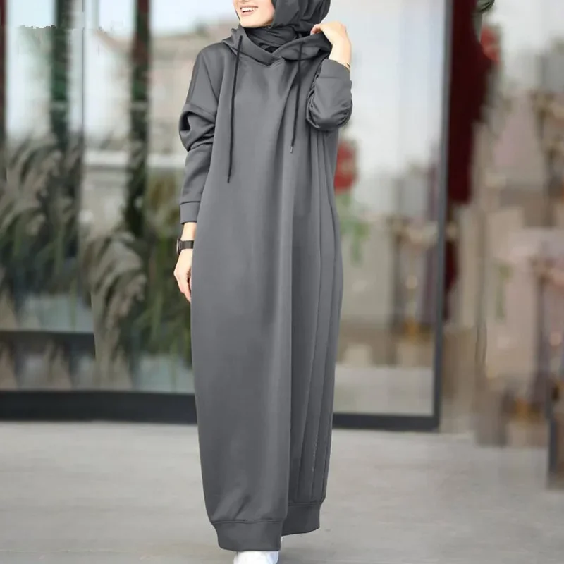 Muslim Long Sleeve Hoodie Dress Solid Color Casual Loose Pocket Long Robe Maxi Female Fashion Long Sweatshirt Vestidos