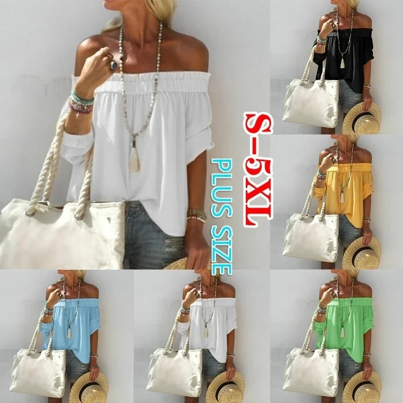 

Summer Women Clothing S-5XL Loose Casual Pure Color Off Shoulder T-Shirts Blouses Square Neck A-line Beach Clothing Plus Size