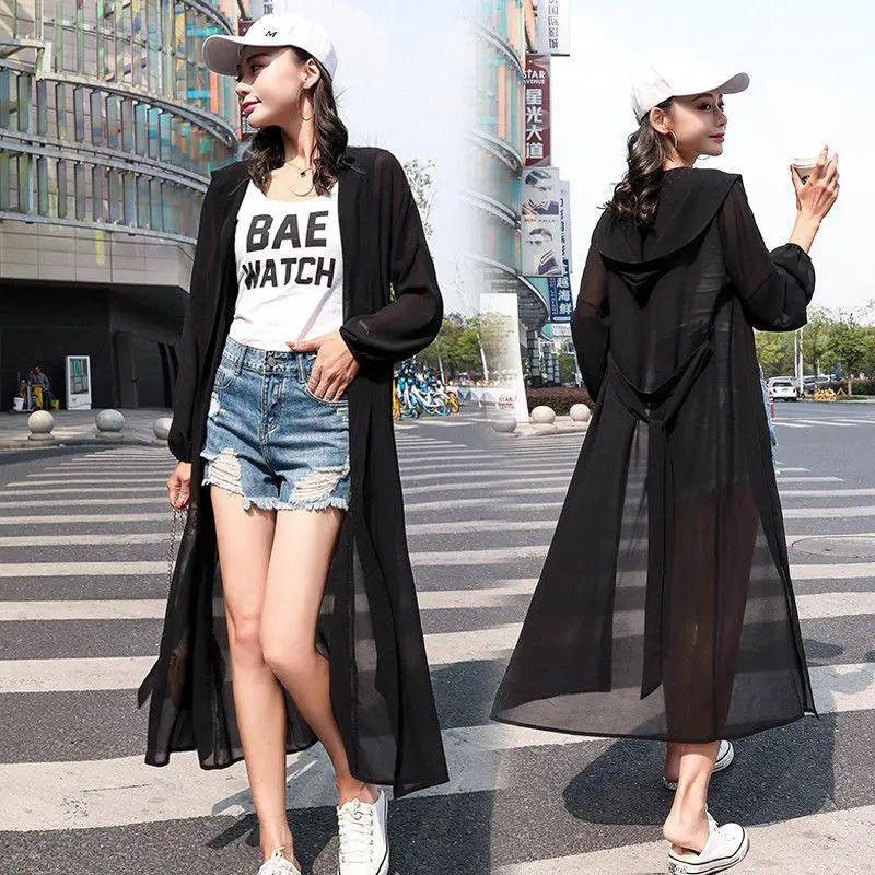 thumbnail image 1 of Cárdigan de chal liso de verano con capucha, camisas de playa, cárdigan de manga larga de gran tamaño para mujer, blusas sueltas con protección solar tipo vendaje, 1 of 5