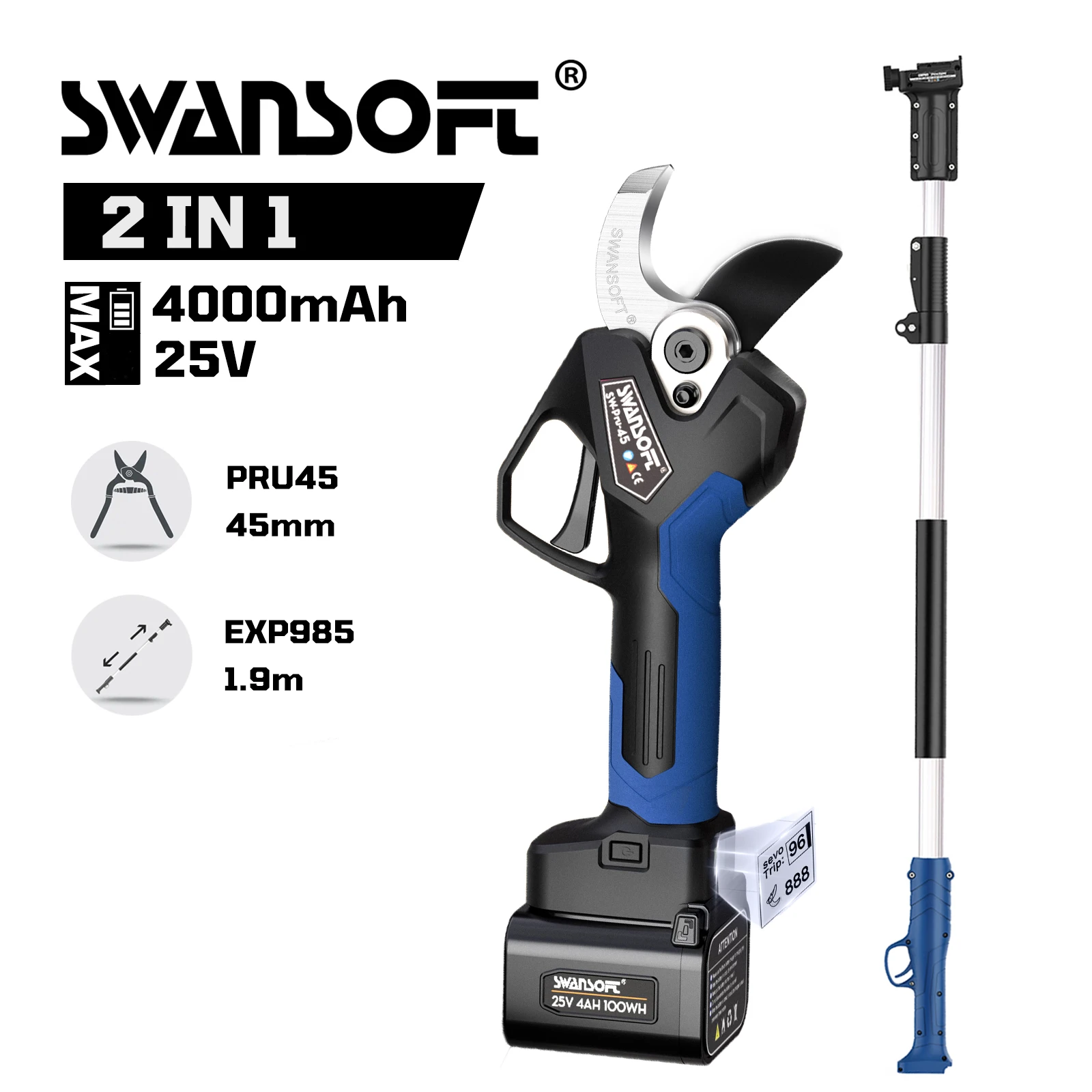 SWANSOFT PRU45 Accu-takkenschaar, 45 mm, 25 V, 1150 W, krachtige elektrische snoeischaar voor nauwkeurig snoeien, rozen en wijnstokken (blauw/zwart