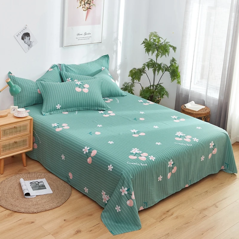 Pink Floral Flat Sheet Set Twin/Queen Cotton Chic Botanical Blossom Flower Kawaii Fruit Cherry Print Bed Sheet with 2 Pillowcase 1
