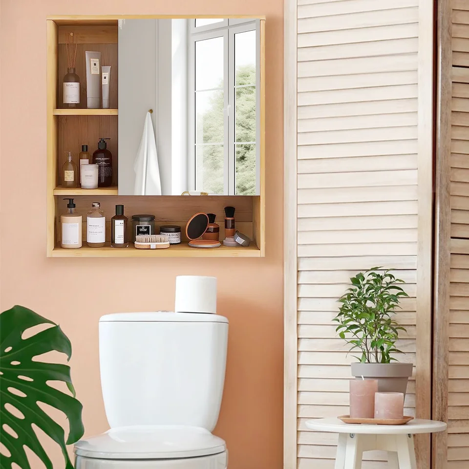 Natural Bamboo Wall Medicine Cabinet with Mirror