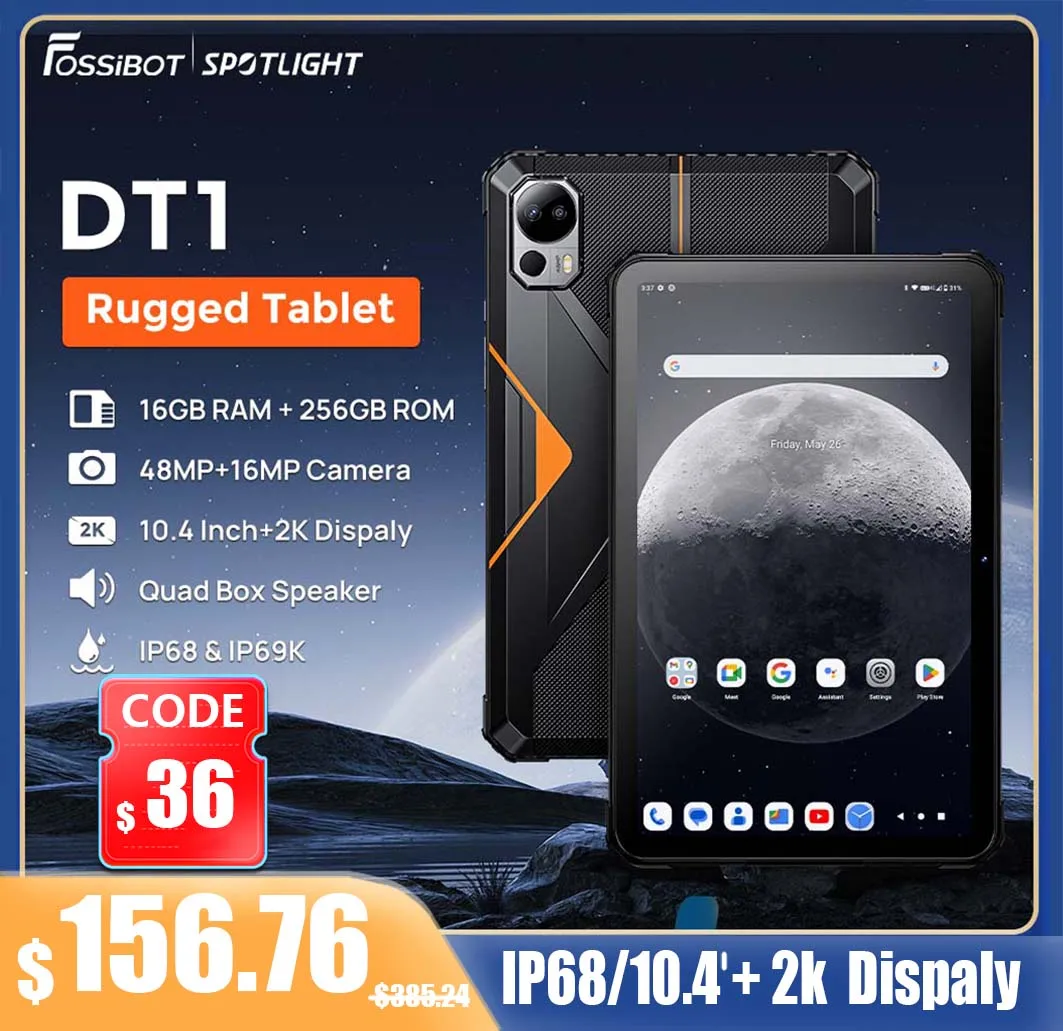 FOSSiBOT DT1 견고한 태블릿, 10.4 인치 FHD, 2K 디스플레이, 8GB, 256GB, 11000mAh, 16MP, 48MP 카메라 태블릿, 안드로이드 13, 4 가지 고해상도 스피커 패드