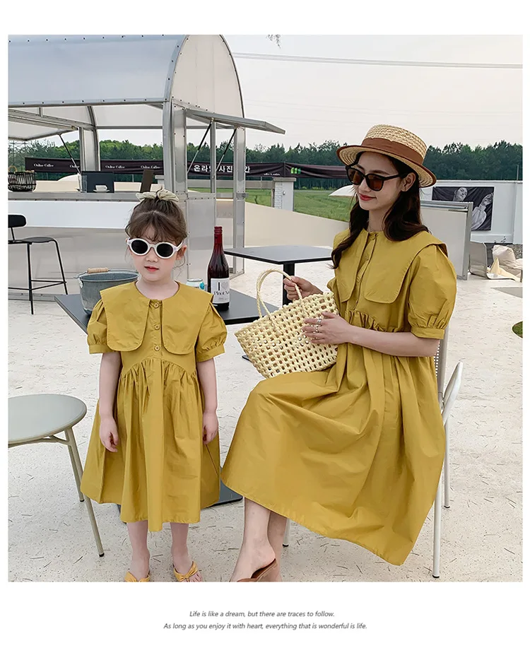 Mother And Daughter Equal Dresses Women's Collar Yellow Pink Dress For Girls 2022 Clothes Korean Family Look Summer Clothing