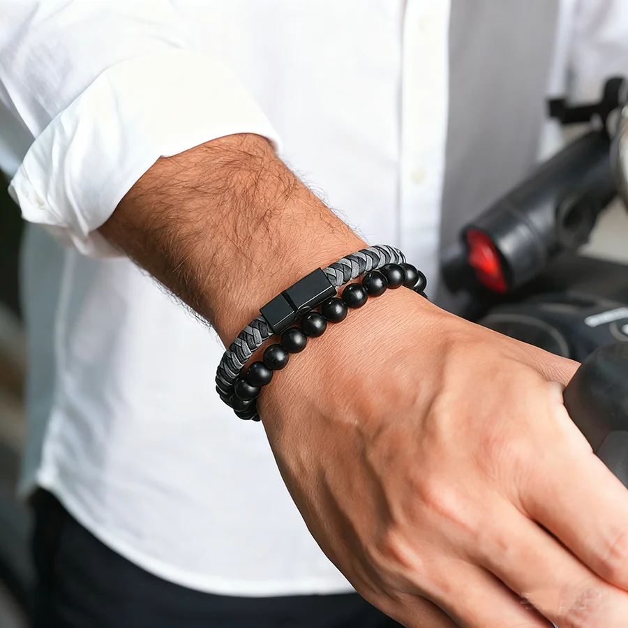 Onyx Stone Leather Men Bracelet Handmade
