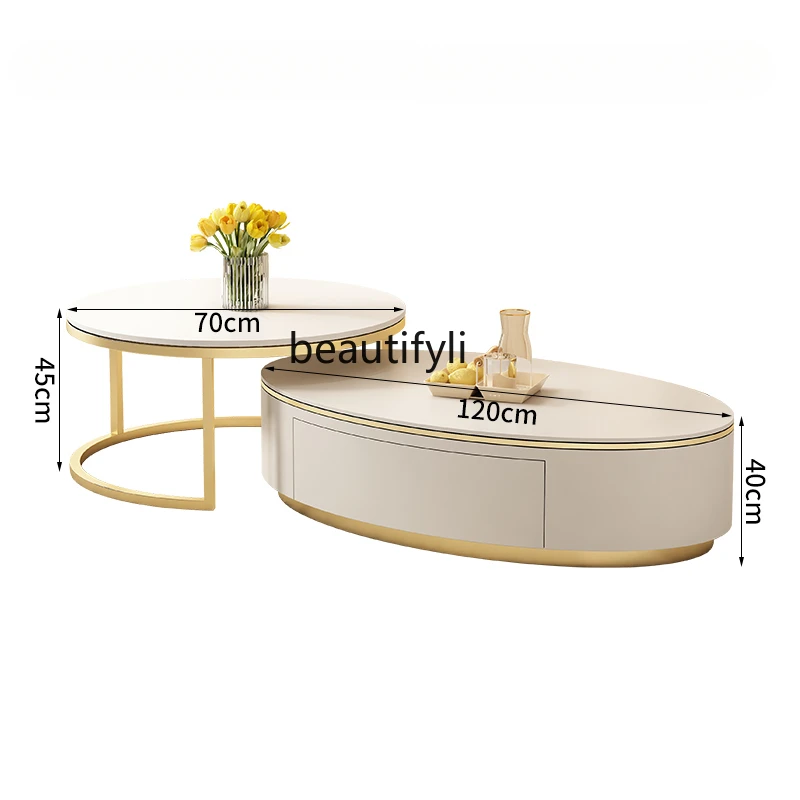 

Cream Style Living Room Stone Plate Coffee Table Home Small Apartment Modern Simple Oval Tea Table