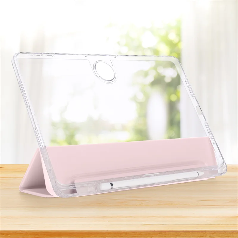 Luxury Trifold PU Leather Tablet Case with Pen Holder and Clear Hard Back Stand