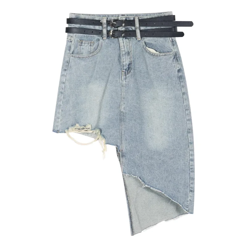 

Design High Waisted Ruffled Denim Skirt for Women 24 Summer Medium Length Slimming Double Waistband Irregular A-line Skirt