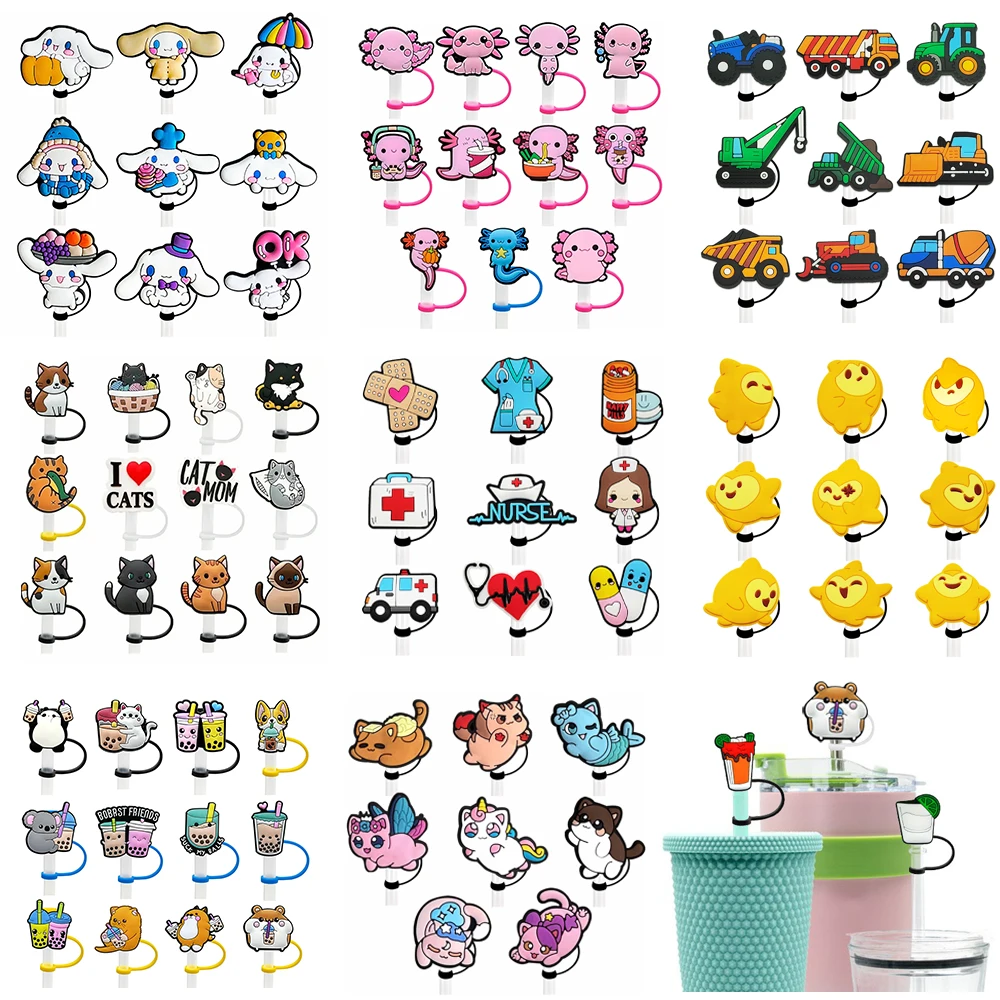 

9-12PCS Cartoon Straw Cover Cap Drink Straw Plug Reusable Splash Proof Drinking Fit Cup Straw Cap Charms Pendant For 10mm Straws