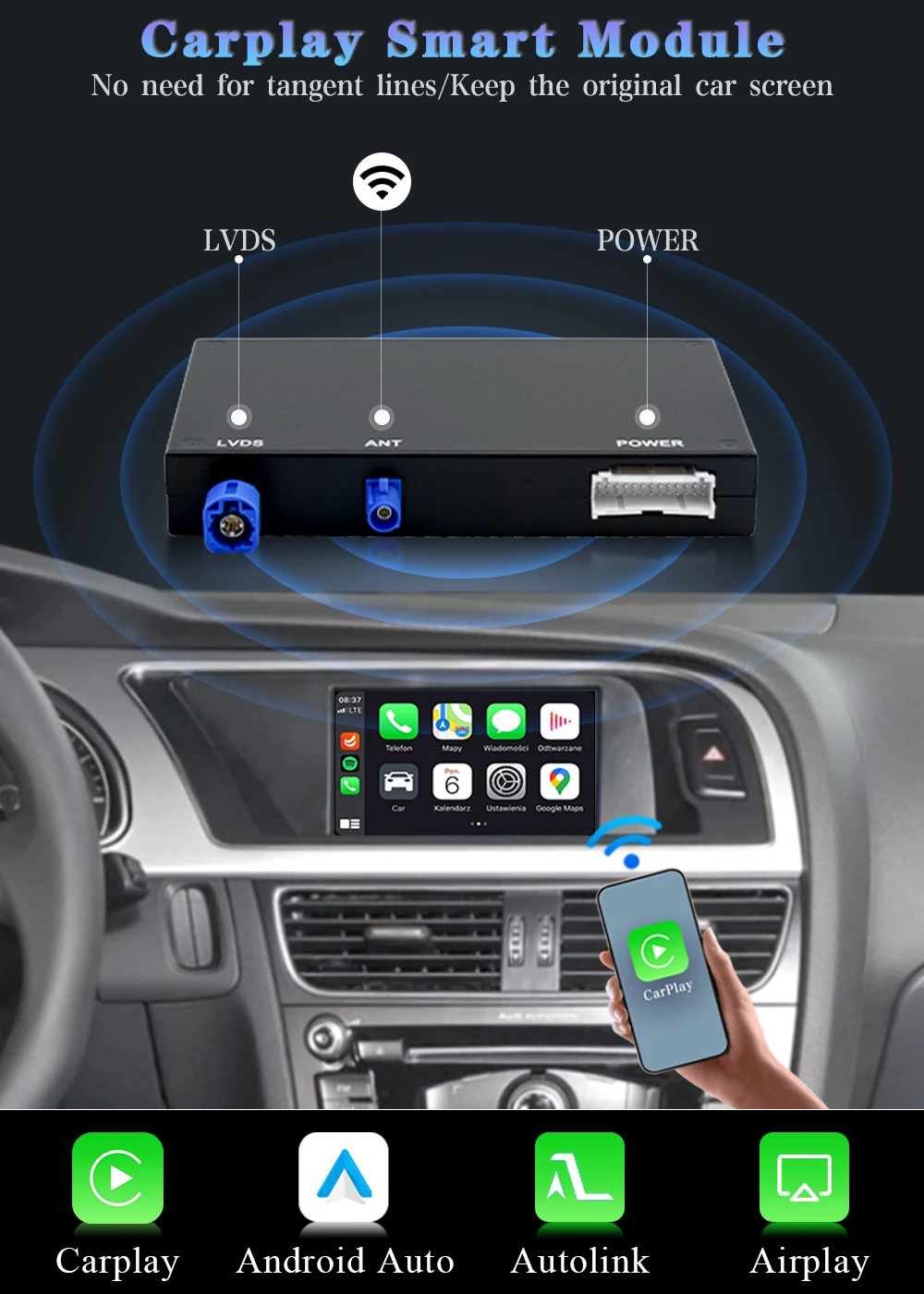 AUTOTOP Android Auto Smart Adapter für Audi A4/A5/S4/S5/Q5 MMI 2G/3G Wireless CarPlay AirPlay MirrorLink Bluetooth GPS Wifi – Detail 1