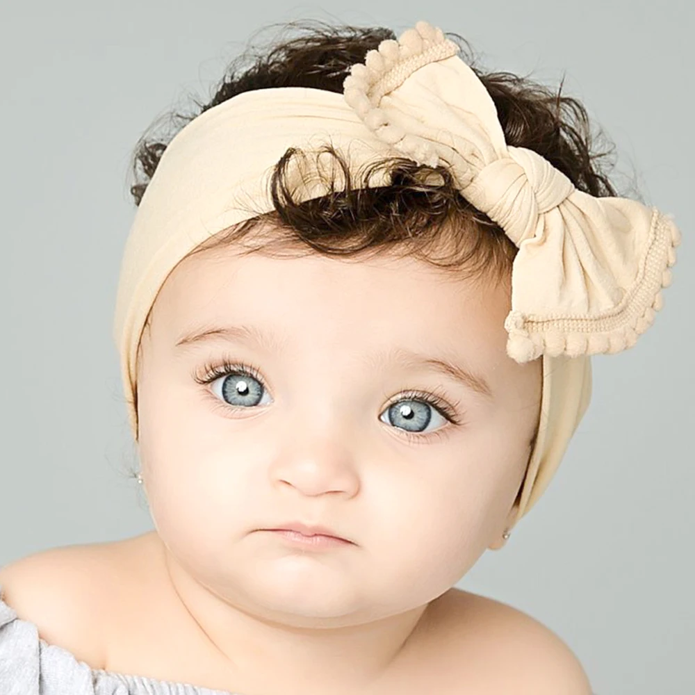 Soft Nylon Turban Wide Headband Newborn Vintage Bow Headband Small Pompom Ball Bow Headwraps Baby Girls Infants Hair Accessories