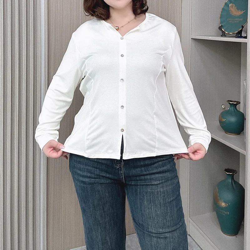 Women's Long Sleeve Basic T-shirt, Loose Tees, V-neck, Split Buttons, Temperament Tops, New, Plus Size, Autumn, Winter, 2431