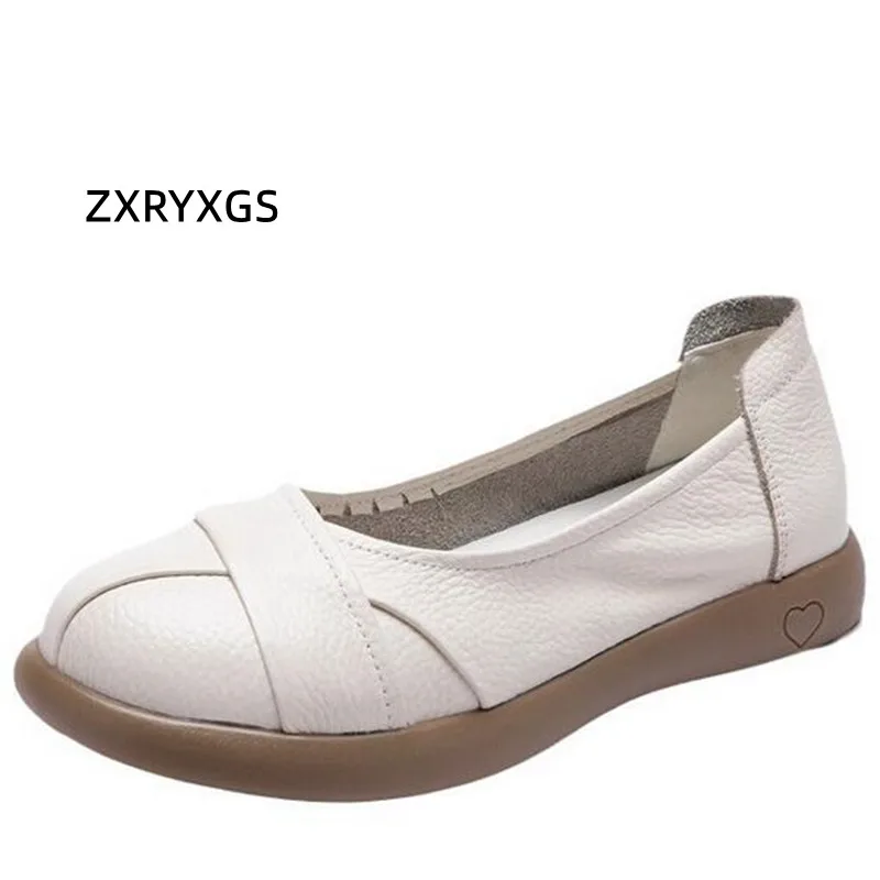 

ZXRYXGS Round Toe Comfortable Women Real Leather Shoes 2024 New Spring Retro Single Shoes Flat Beef Tendon Base Casual Shoes