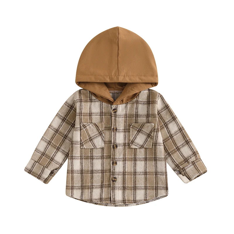 Toddler Boy Checkered Jacket Button-down Pocket Hooded Long Sleeve Winter Hoodie