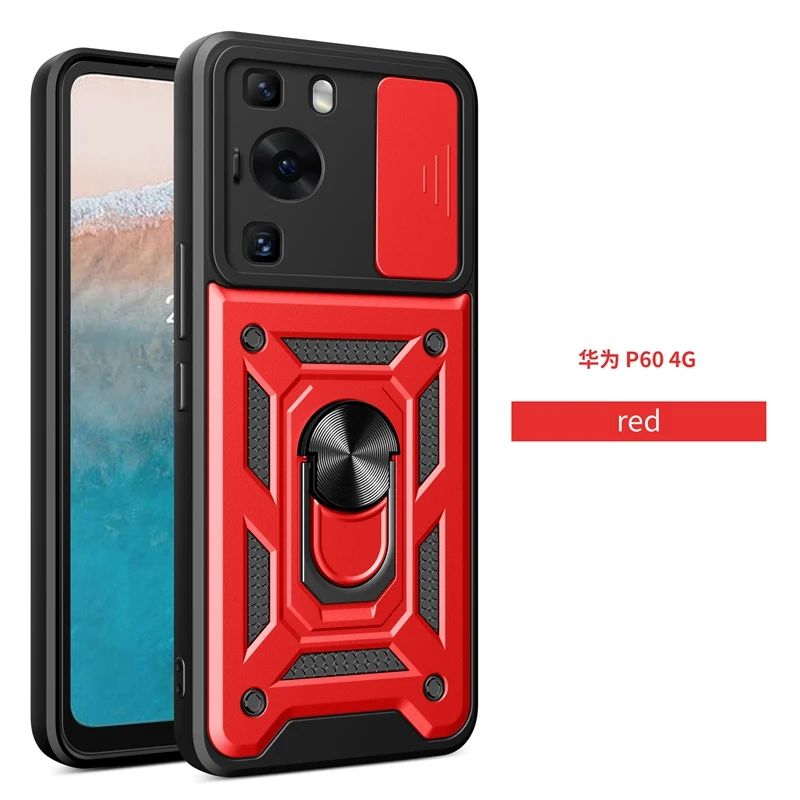 Armor Shockproof Magnetic Ring Stand Holder Case with Slide Camera Lens Cover