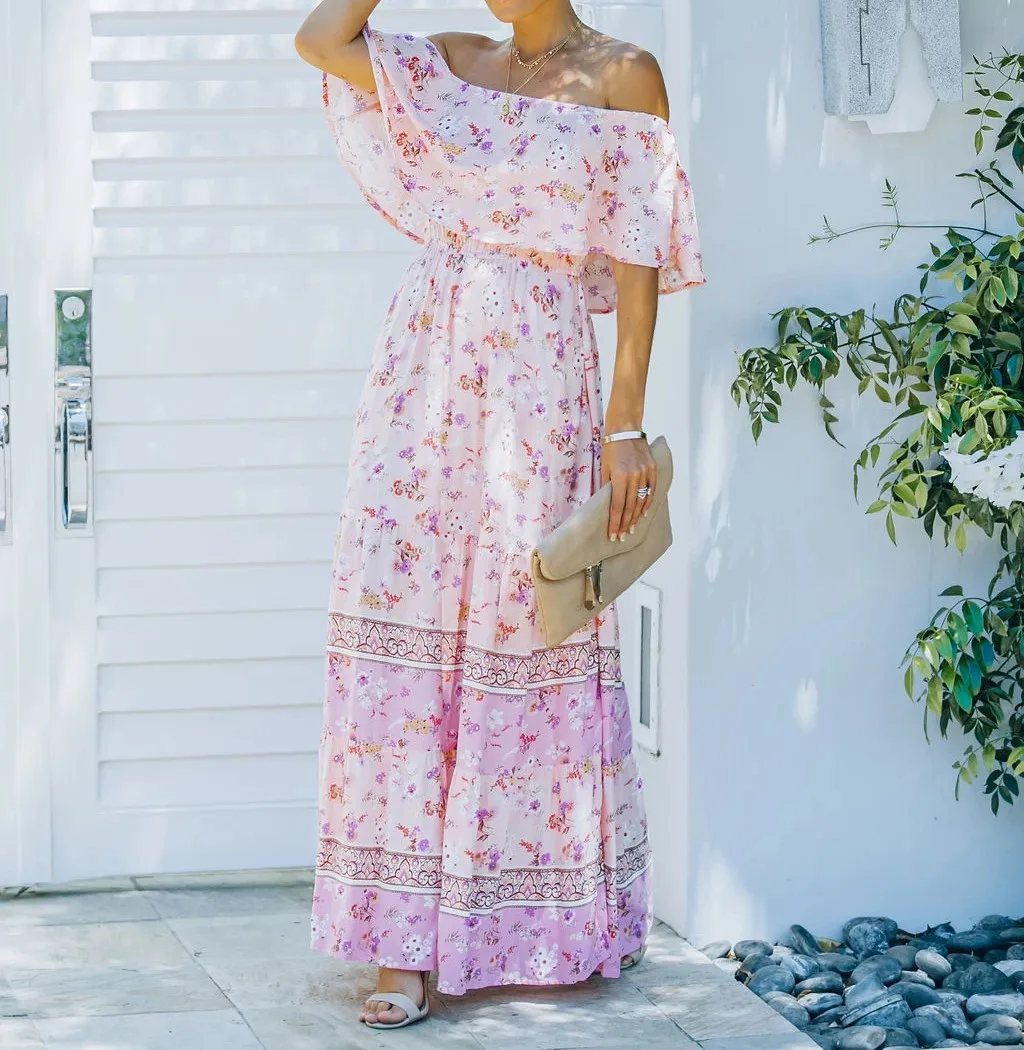 Flower Print Off Shoulder Long Dresses For Women Spring Summer New Fashion Temperament High Waist Leace-up Dress Female Vestidos 28 undefined