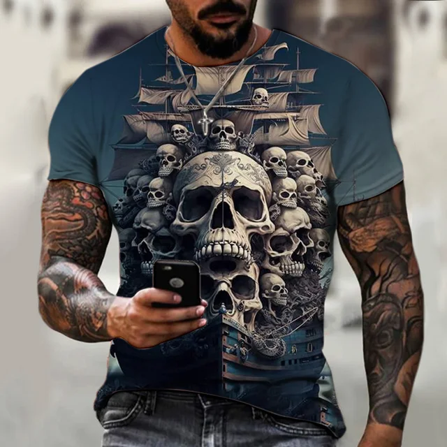 skull Ship Graphic T-Shirt For Men Vintage T Shirts Pirate Ship Print Short  Sleeve Oversized Tees Streetwear Men's Clothing Top