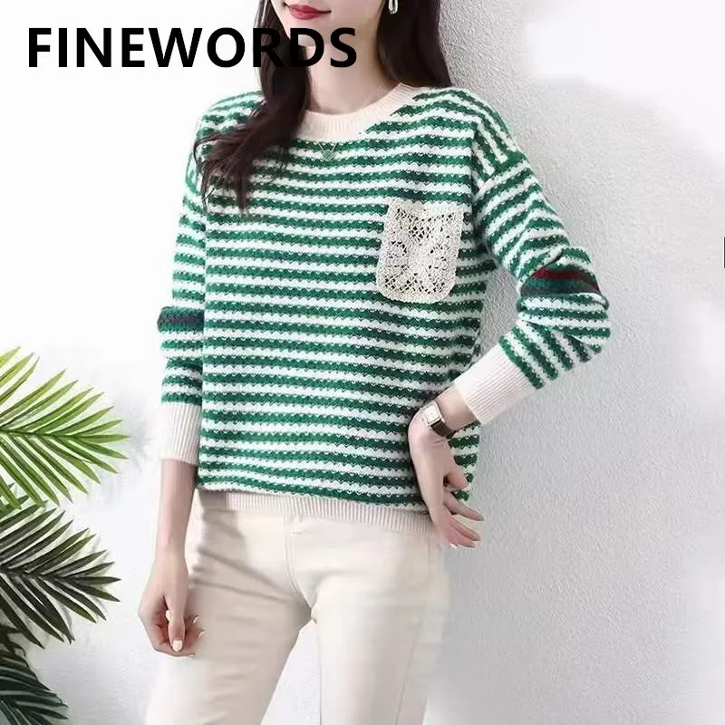 

FINEWORDS Winter Korean O Neck Green Striped Knitted Sweater Women Casual Streetwear Vintage Pullover Easymatch Loose Sweater