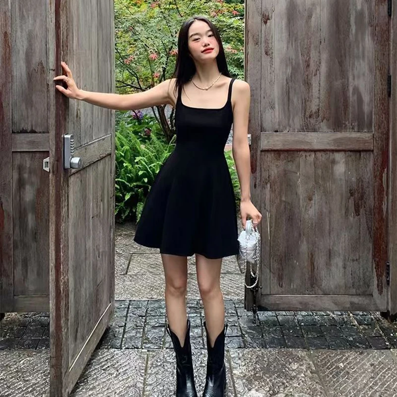 A Line Sleeveless Black Dresses Women Square Collar Spaghetti Strap Mini Dress Woman 2025 Streetwear Fashion Party Dress Female