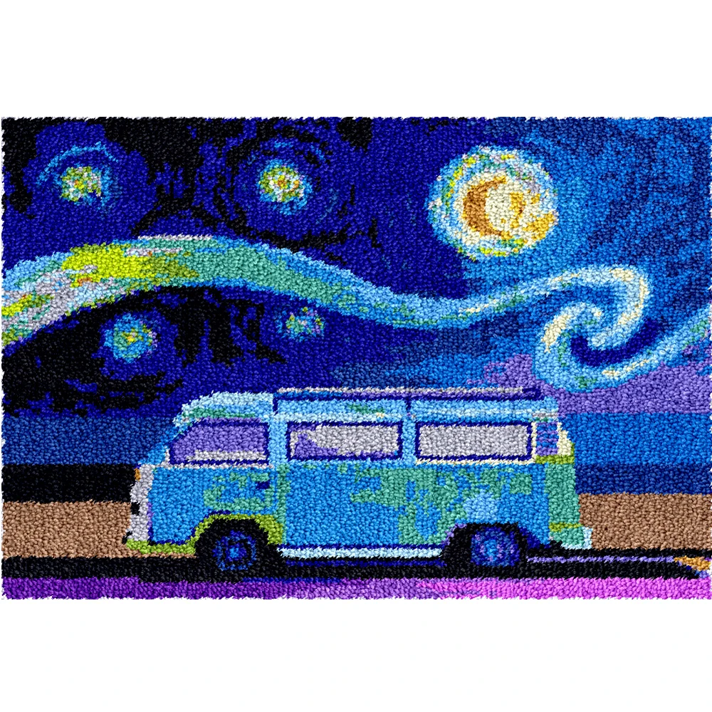 

Latch Hook Rug Kit DIY Crochet Yarn Kits Hooking Rug for Adults Kids Pet starry sky Bus printed Canvas Pattern diy rug crafts