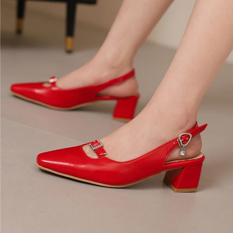 Slingback Medium Heels Pumps Shoes Woman Elegant Close Toe Black Blue Red Nude Heeled Office Wedding Shoes Ladies Sandals