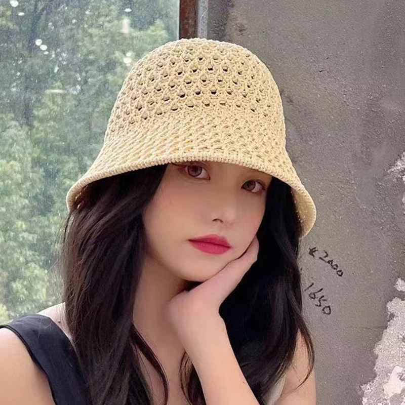 Outdoor Hiking Hat Bucket Hat Spring Summer Hollow Knitted Hat Solid Color Sunhat Fisherman Caps Casual Foldable Beach Cap