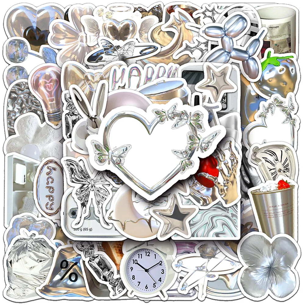 

10/30/50pcs Cool Ins Style Silver Stickers DIY Aesthetics Sticker Car Bike Motorcycle Diary Scrapbooking Phone Waterproof Decals