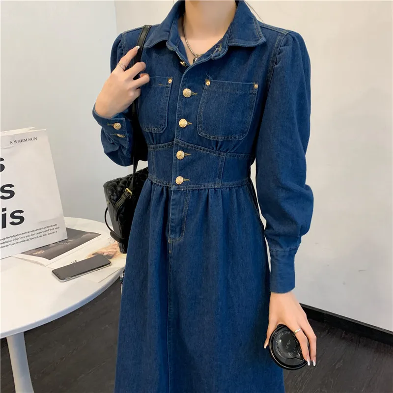 

Vintage Women Denim Lapel Puff Full Sleeve Dress Female Buttons Waisted Jeans Midi Dresses Vestidos 2023 Spring Autumn DS90