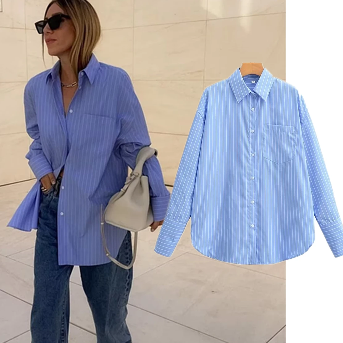 

Withered Fashion Blogger Boyfriend Loose Shirt Blue Striped Casual Blouse Women