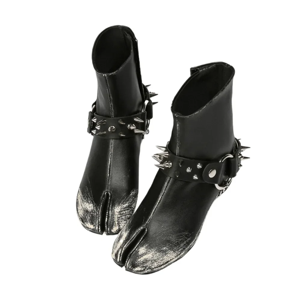 

Rivet Belt Buckle Short Booties Punk Genuine Leather Distressed Mid-calf Boots Metal Chain Women Buckle Chelsea Boots Designer