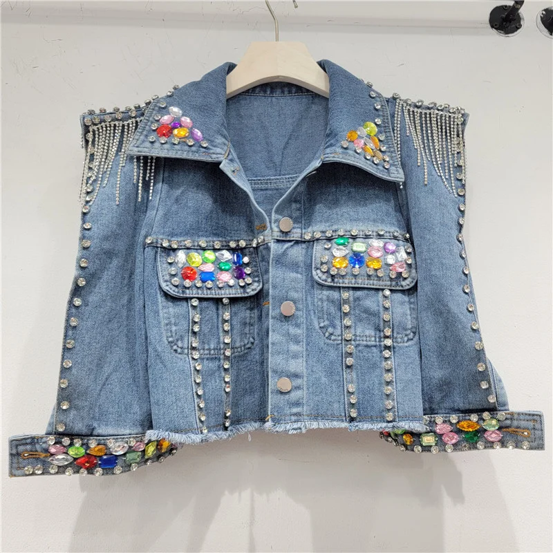 

Heavy Industry Beads Colorful Crystals Denim Short Coat for Women 2023 Spring New Jeans Cardigan Female Cropped Jacket