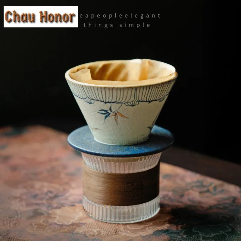 Handmade Gold Drawing Bamboo Coffee Cone Shape Drip Hand Brewing Coffee Filter Funnel Cup Coffee Dripper Pour Over Barista Mugs