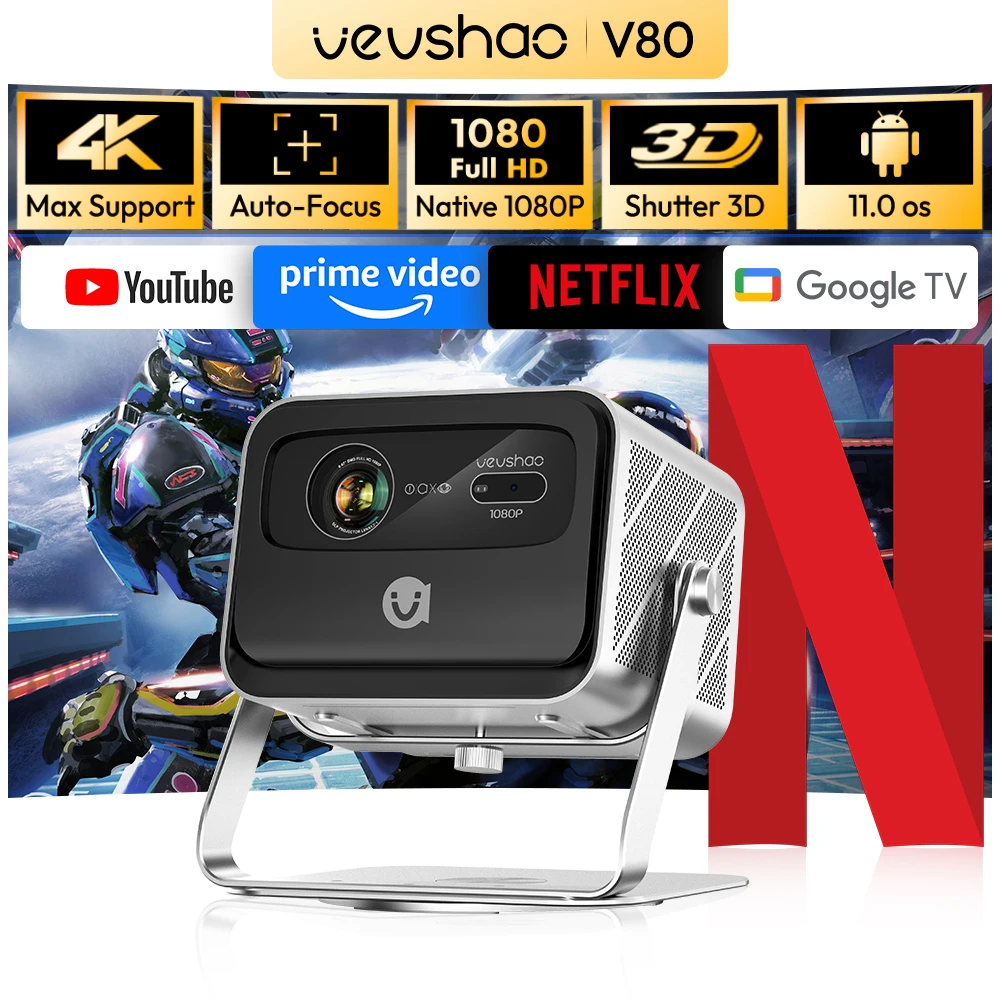VEVSHAO V80 Projector, 4K Full HD 1080P 2200 ANSI Lumens Android 11 WiFi 6 Video Home Movie Theater Projector with Base Stand