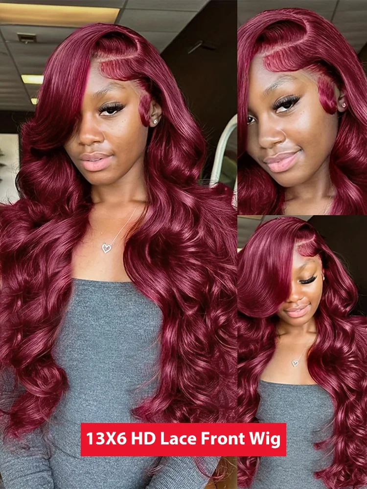 30 40Inch 99J Burgundy 13x6 HD Lace Frontal Wig Remy Body Wave Red Colored 13x4 Transparent Lace Front Human Hair Wigs For Women