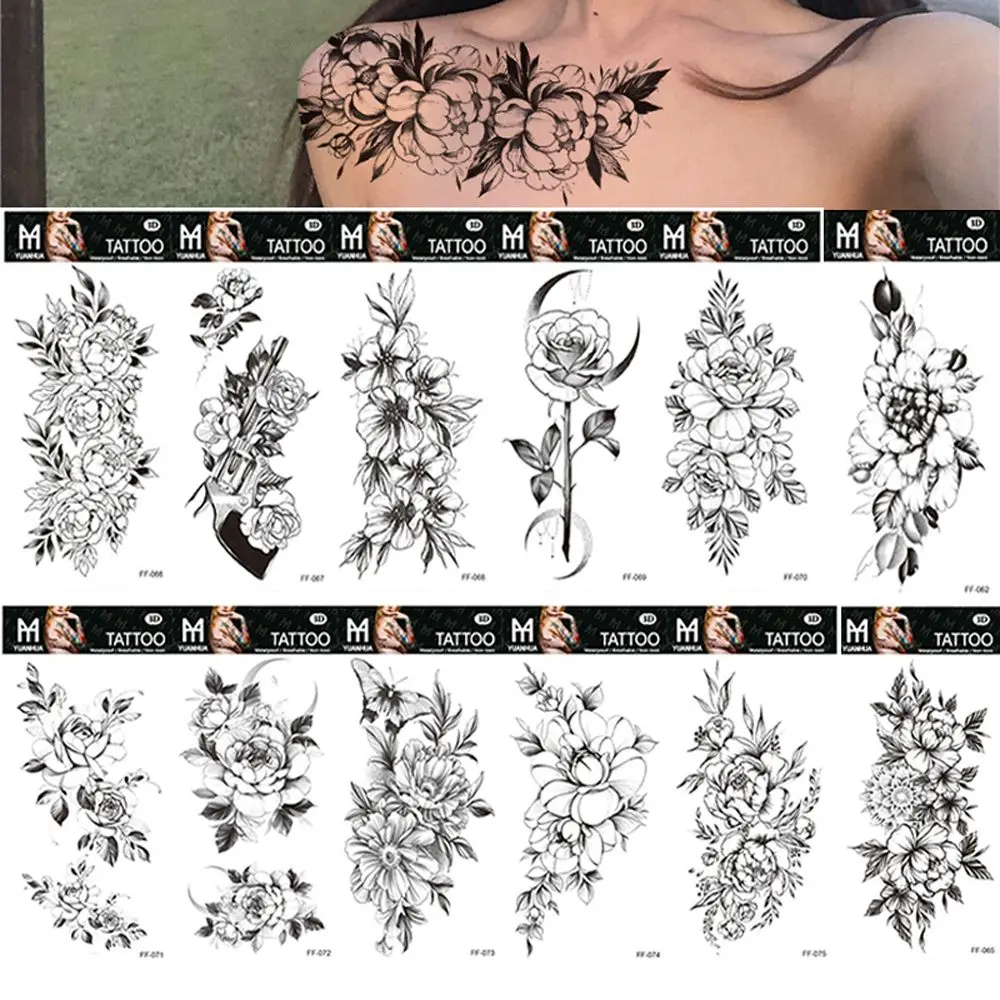 Large Water Transfer Decals Waterproof DIY Rose Fake Tattoo Black Flowers Temporary Tattoo for Body Arm Leg Body Art Stickers