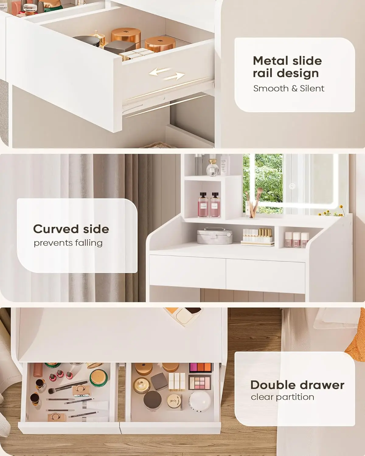 Small Vanity Desk Set with Square Mirror and Light- Vanity Desk with Drawer- White