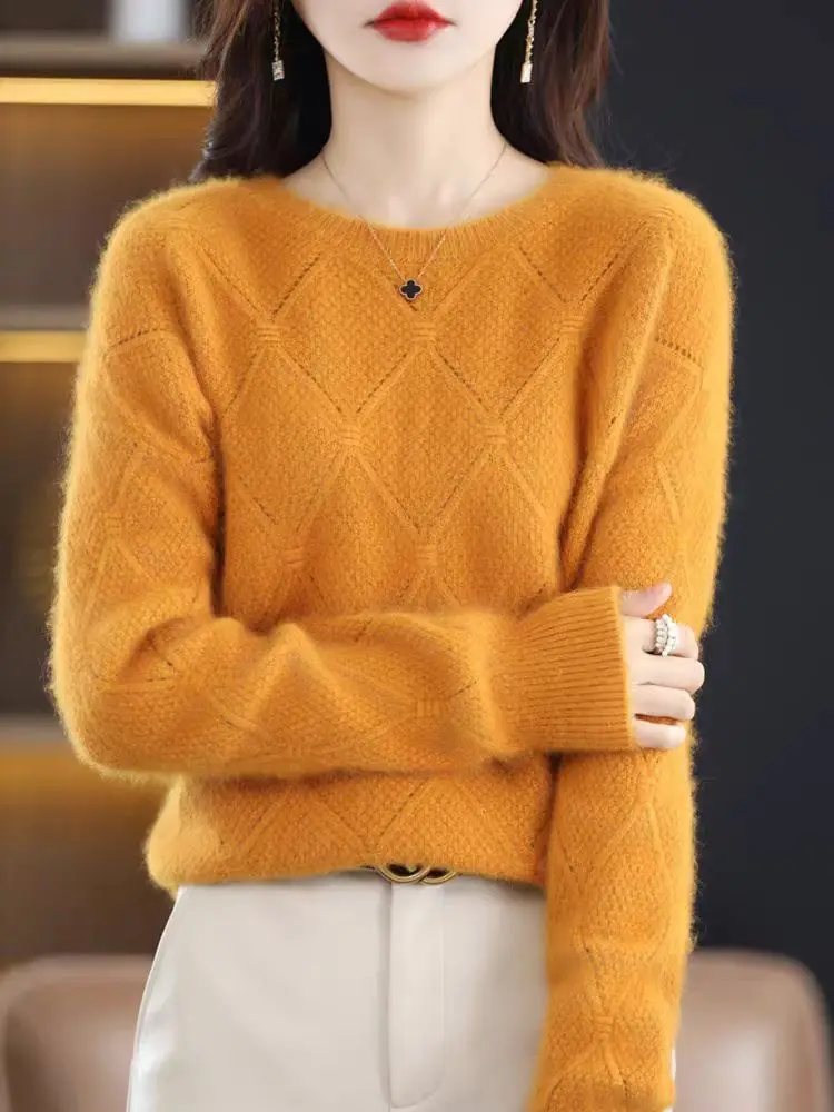 100% Mink cashmere sweater Women's knitting sweater O-neck long sleeve pullover Autumn and winter clothing warm top 2