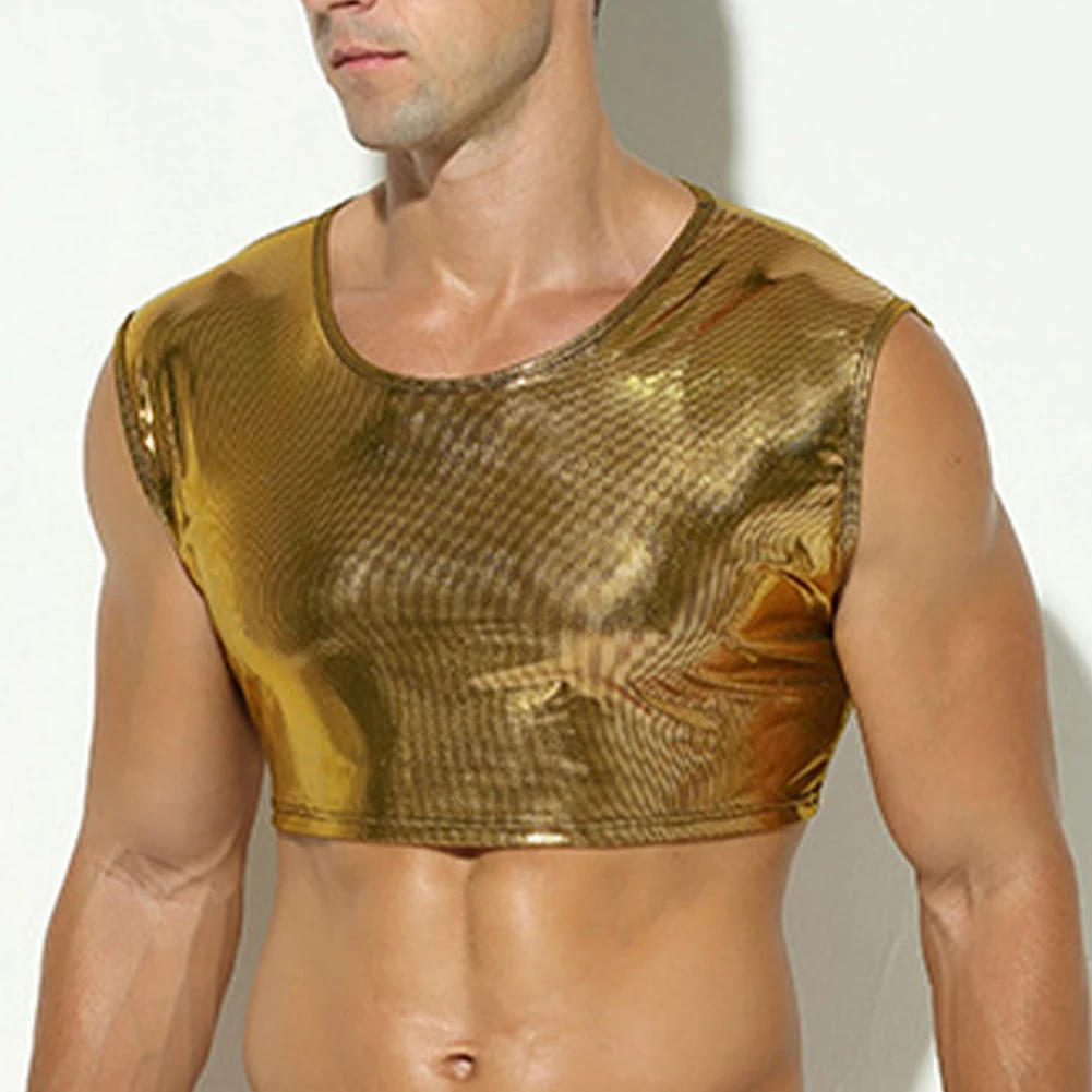 

Men Sexy Cropped Tank Tops Shiny Night Club Wear Male Sleeveless Wet Look Faux Leather Vest Summer Singlets Crew Neck Tee Top