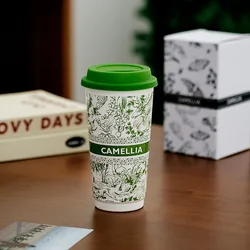 Ceramic Portable Water Cup with Silicone Lid - Large Capacity Dust - proof Mug - 580ML (Green)