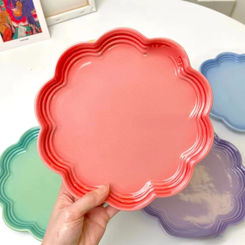 French Rainbow Lace Plate 22cm Stoneware Porcelain Skirt Plates Lace Fruit Dessert Macaron Ice Cream Serving Plates Tableware