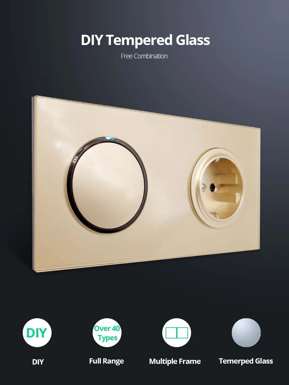Description Picture 5 of itemWallpad Gold Tempered Glass Panel Wall EU UL Power Socket Electrical Outlet Function Key Only DIY Module AC110-220V