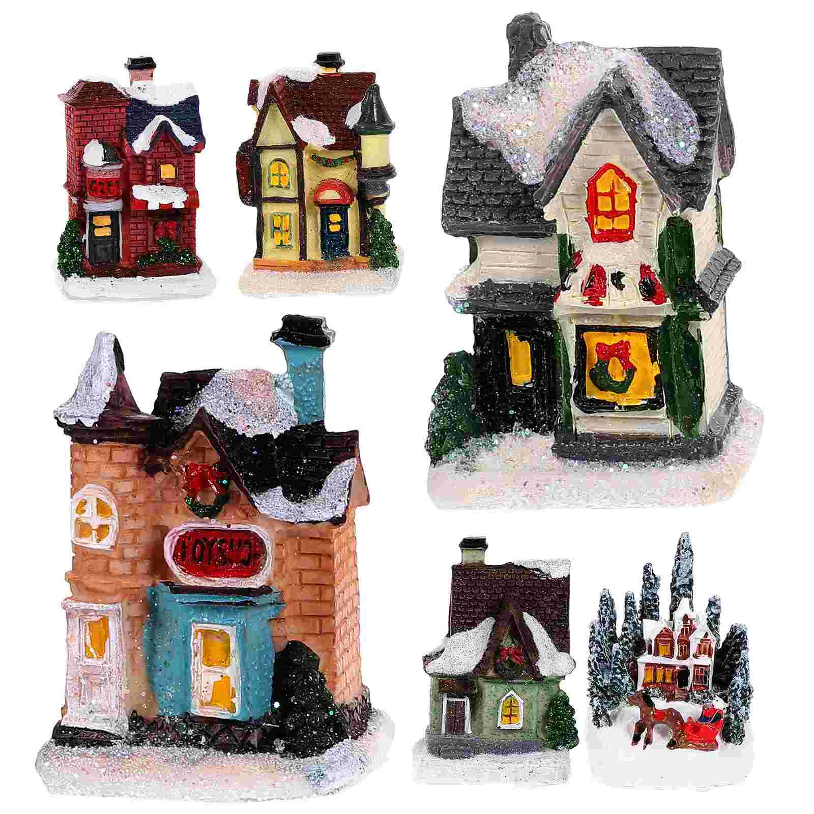 

Christmas Villa House, 6Pcs LED Snow Village Xmas Houses Resin Glowing House Xmas Luminous Castle Cottage Figurine Table